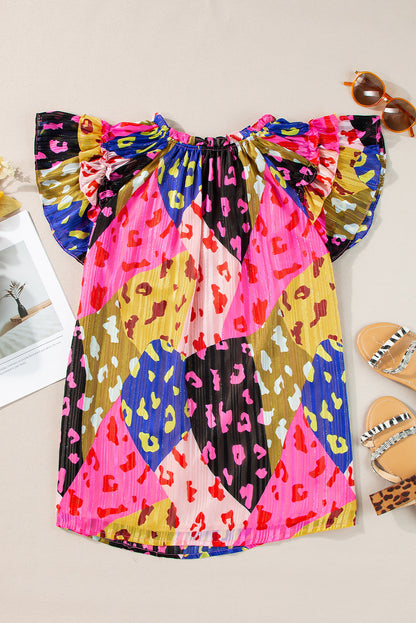 Bright Ruffled Printed - Tie Neck Cap Sleeve Blouse