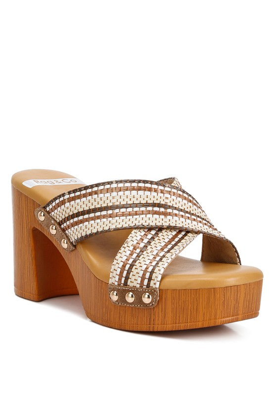 Finley - Raffia High Block Heel Clogs