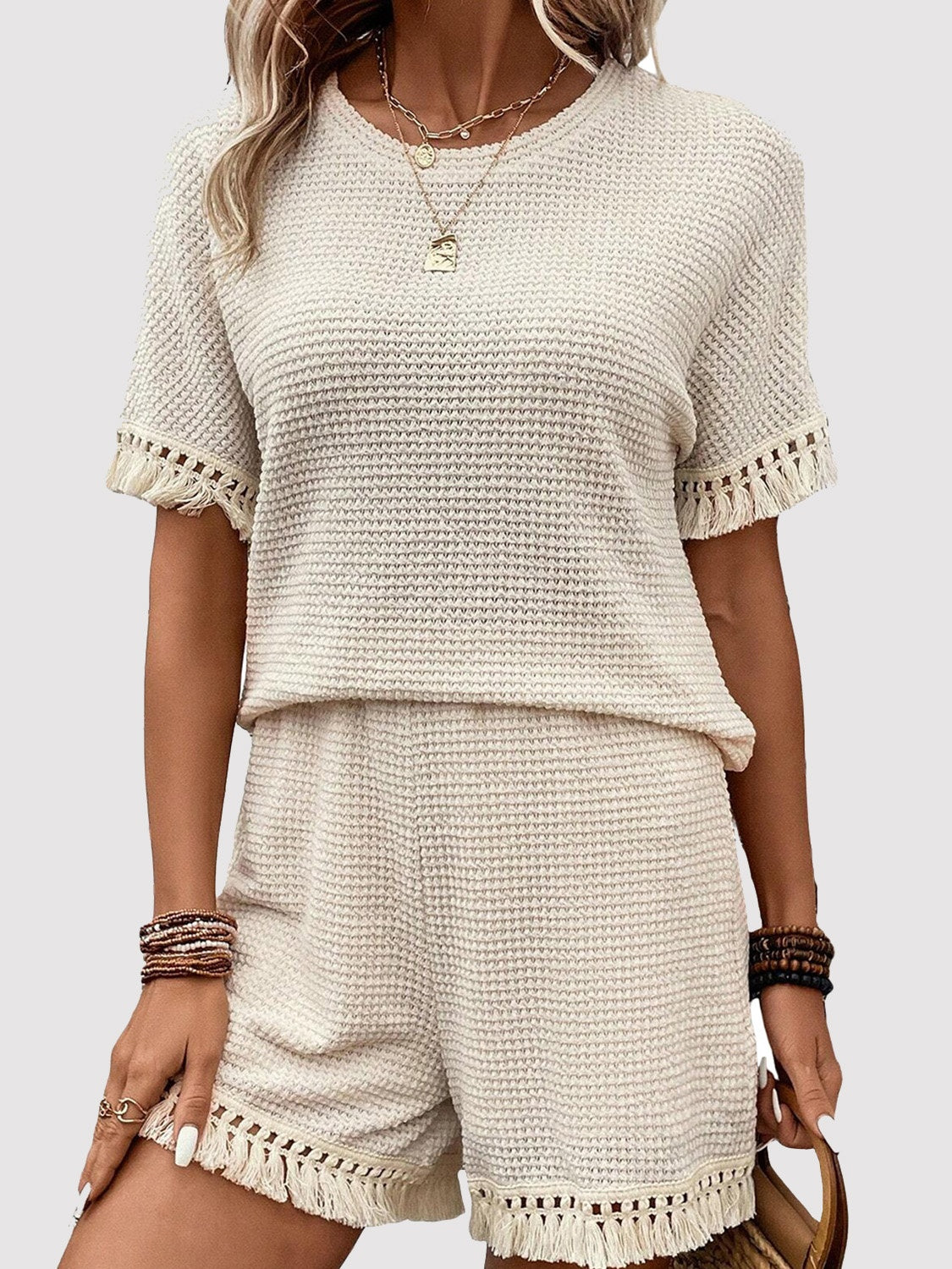 Comfy Tassel Round Neck Top and Shorts Set