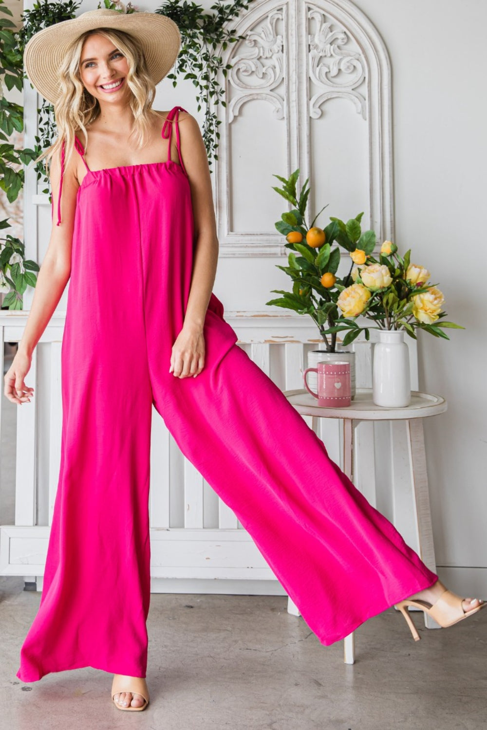 Hot Pink Daze - Spaghetti Strap Wide Leg Jumpsuit