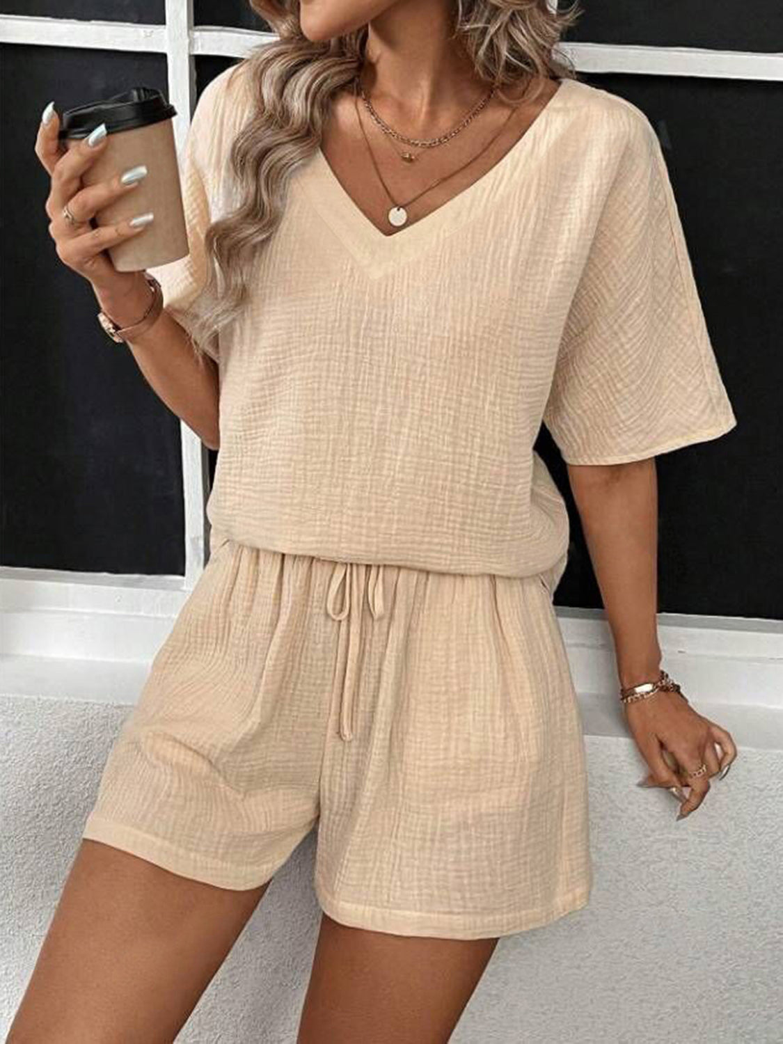 Cozy V-Neck Half Sleeve Top and Shorts Set