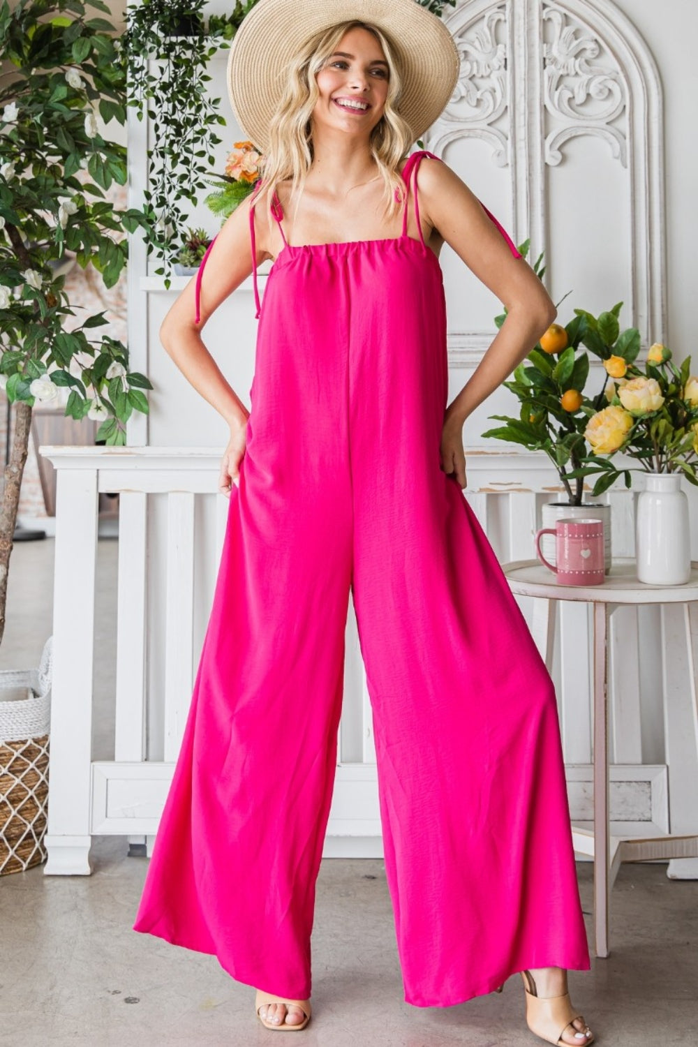 Hot Pink Daze - Spaghetti Strap Wide Leg Jumpsuit