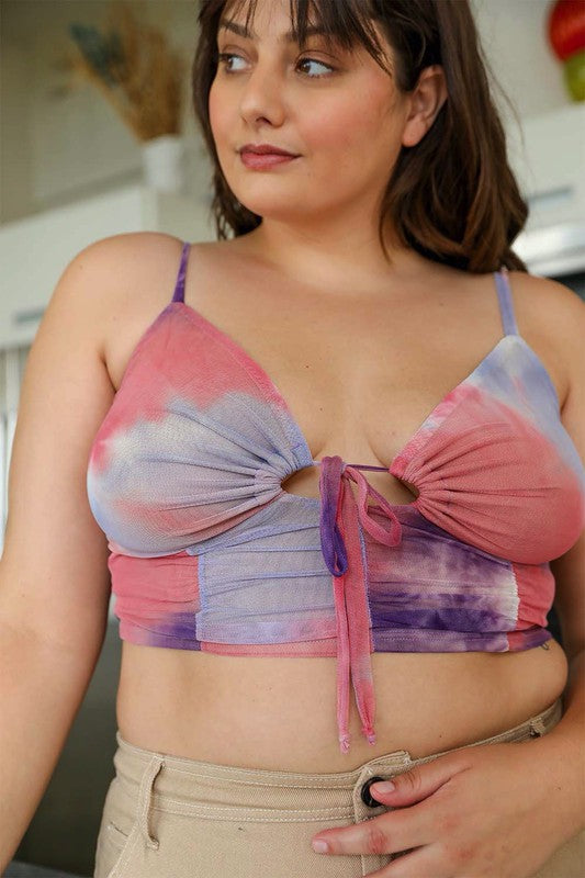 Plus Size Tie Dye Mesh Keyhole Front Brami Top