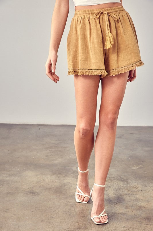 Whimsical Wave - Fringe Trim Hem Shorts