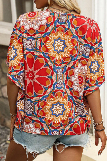 Orange Blossom V-Neck Half Sleeve Blouse