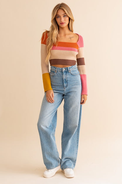 Long Sleeve Color Block Stripe Knit Top