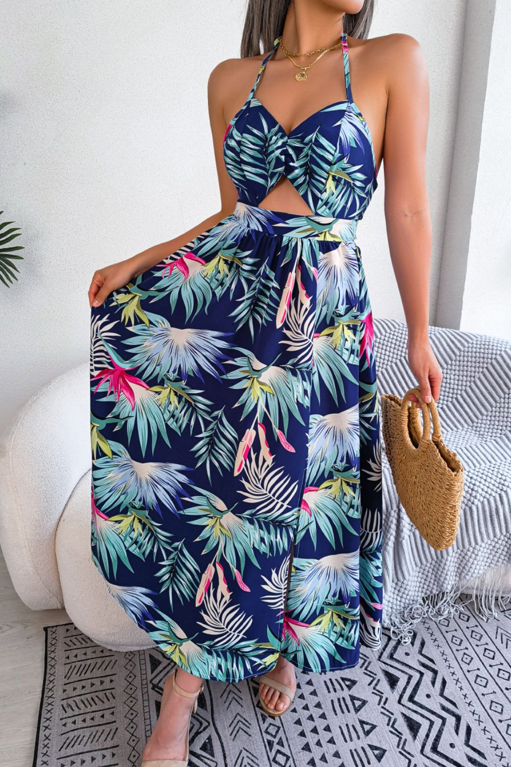 Botanical Bright -  Print Tied Backless Cutout Slit Dress