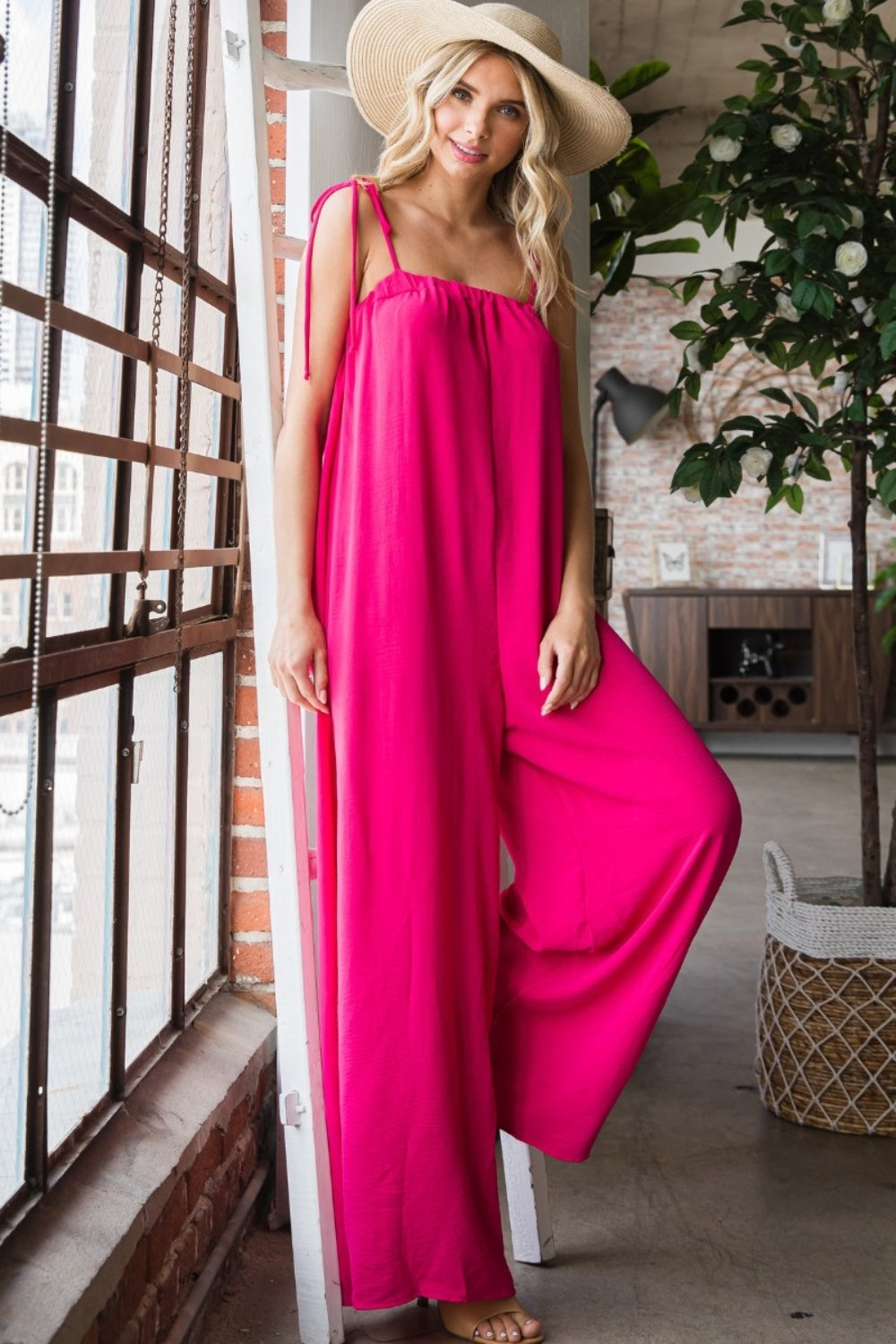 Hot Pink Daze - Spaghetti Strap Wide Leg Jumpsuit