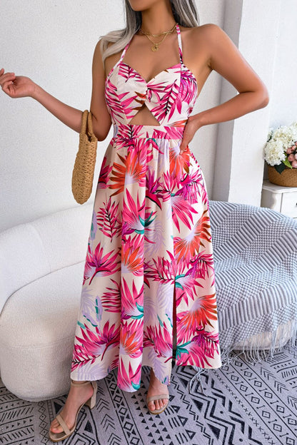 Botanical Bright -  Print Tied Backless Cutout Slit Dress