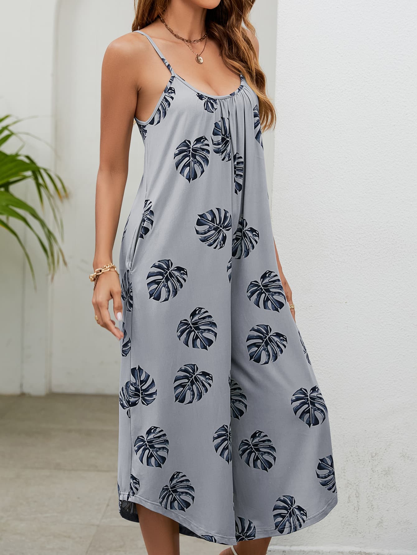 Botanical Print - Spaghetti Strap Scoop Neck Jumpsuit