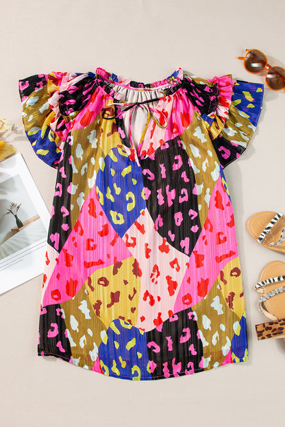 Bright Ruffled Printed - Tie Neck Cap Sleeve Blouse