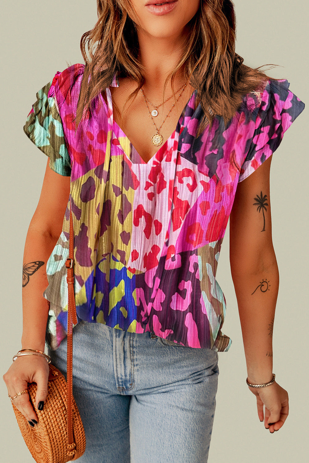 Bright Ruffled Printed - Tie Neck Cap Sleeve Blouse