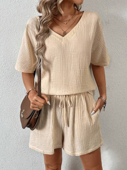 Cozy V-Neck Half Sleeve Top and Shorts Set