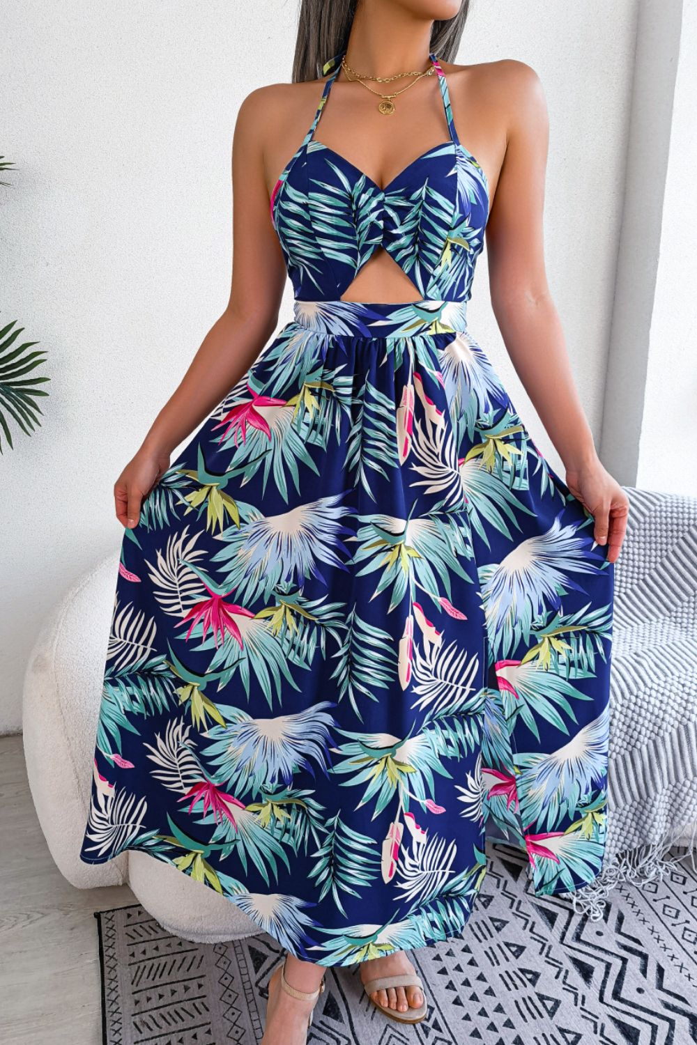 Botanical Bright -  Print Tied Backless Cutout Slit Dress