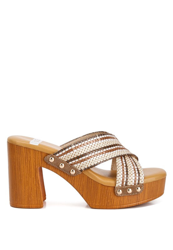 Finley - Raffia High Block Heel Clogs