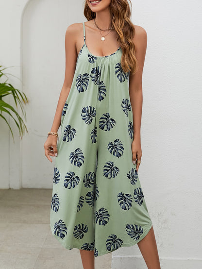 Botanical Print - Spaghetti Strap Scoop Neck Jumpsuit