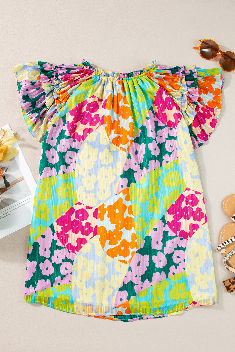 Bright Ruffled Printed - Tie Neck Cap Sleeve Blouse