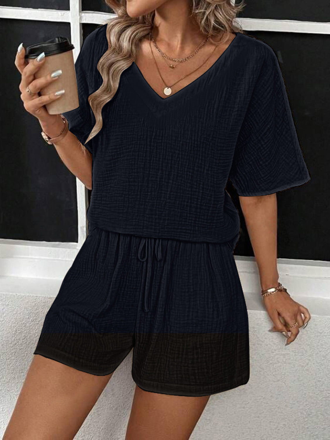 Cozy V-Neck Half Sleeve Top and Shorts Set