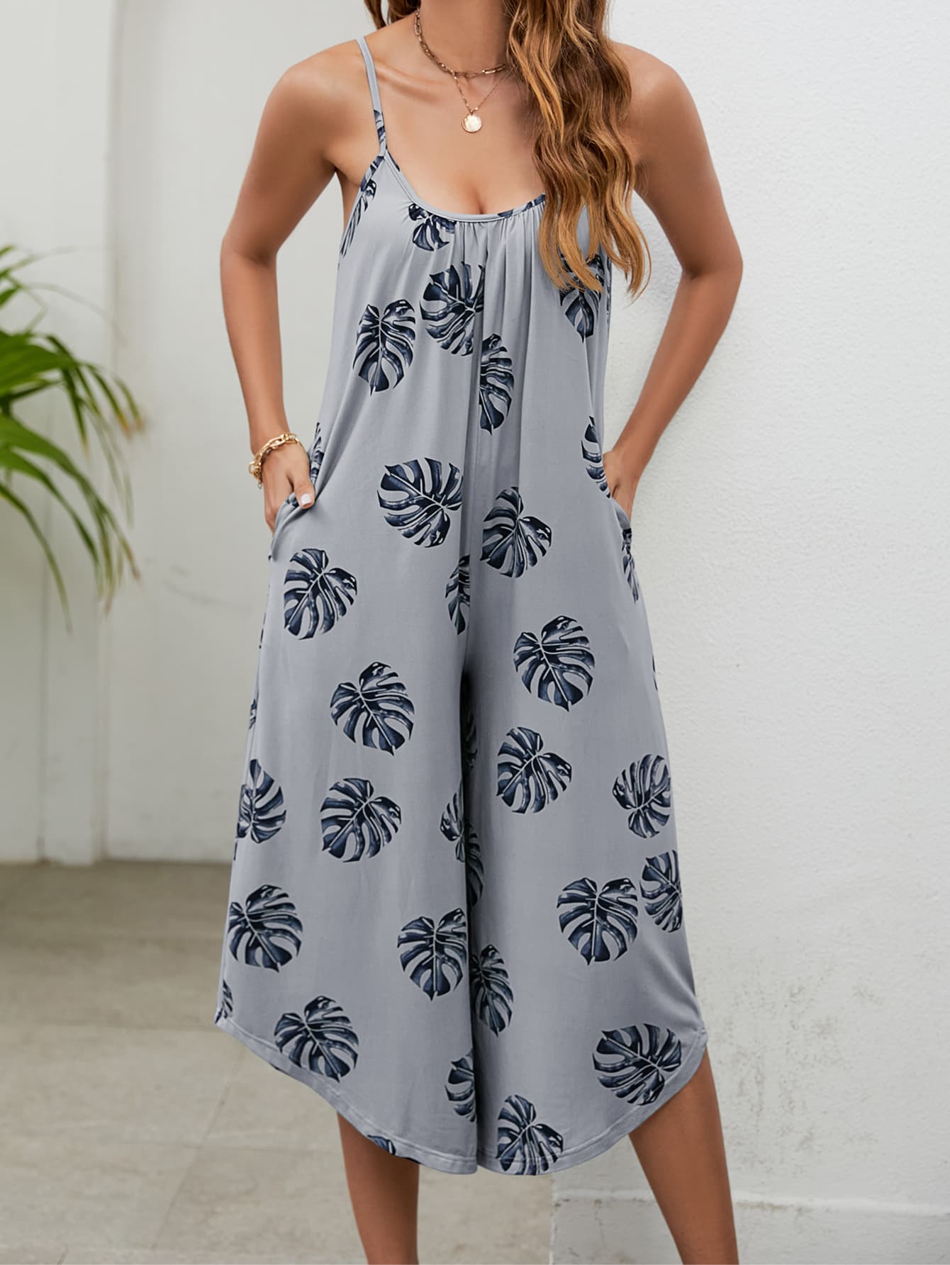 Botanical Print - Spaghetti Strap Scoop Neck Jumpsuit