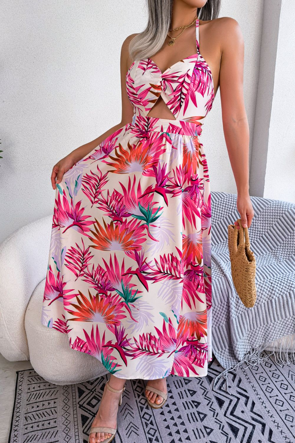 Botanical Bright -  Print Tied Backless Cutout Slit Dress