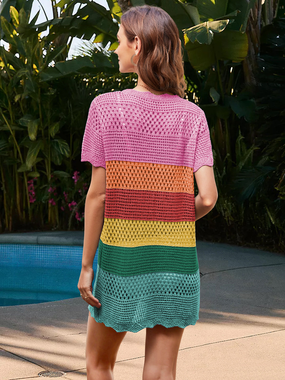 Rainbow Openwork Round Neck Short Sleeve Cover-UP