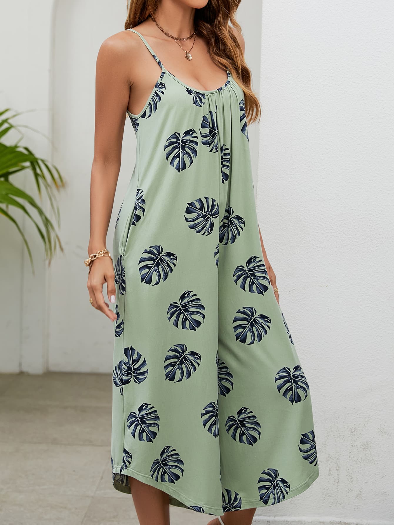 Botanical Print - Spaghetti Strap Scoop Neck Jumpsuit