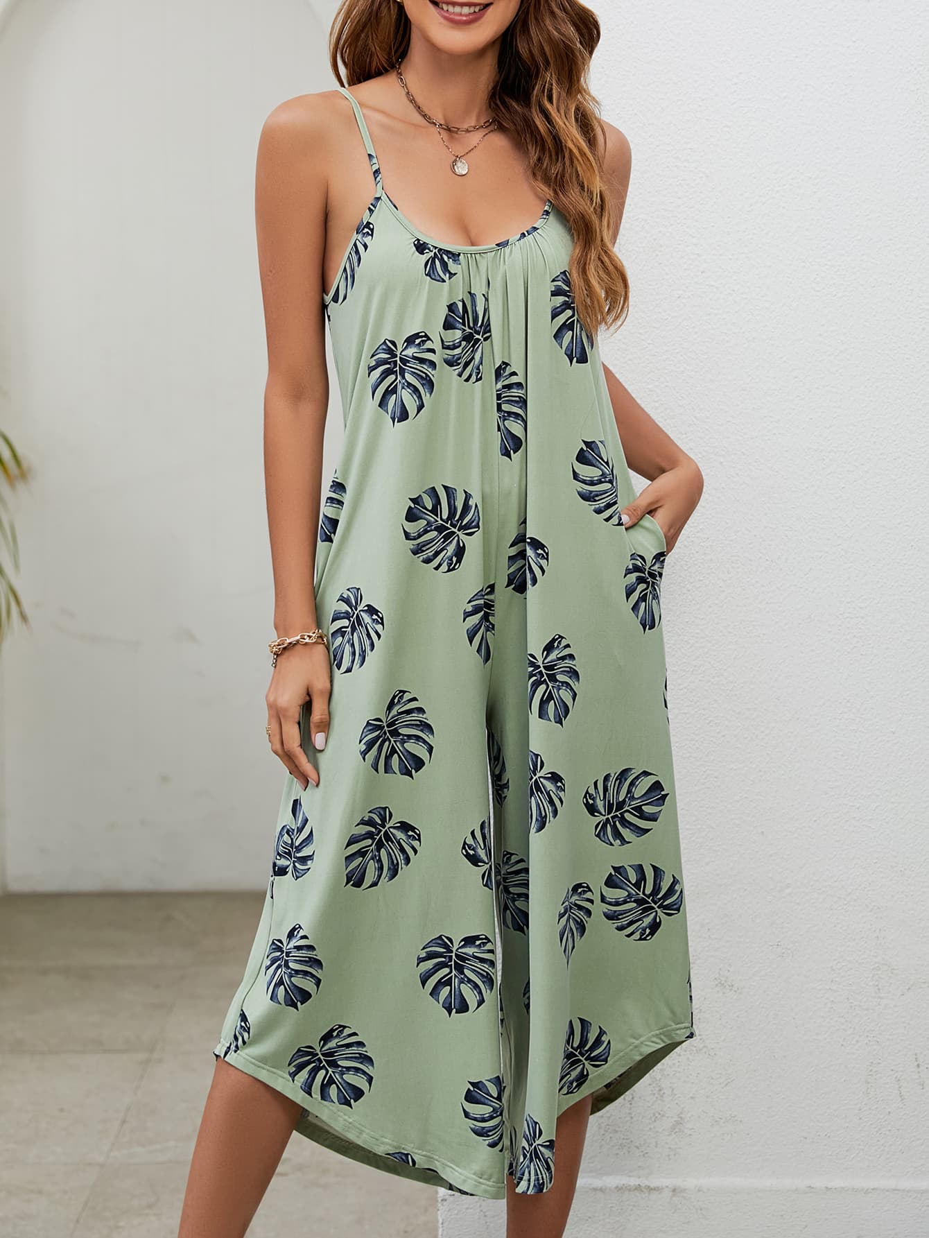 Botanical Print - Spaghetti Strap Scoop Neck Jumpsuit