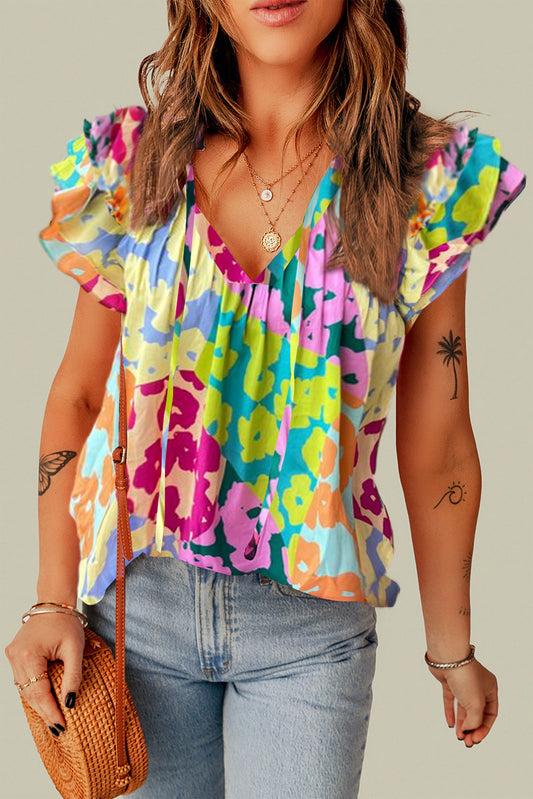 Bright Ruffled Printed - Tie Neck Cap Sleeve Blouse