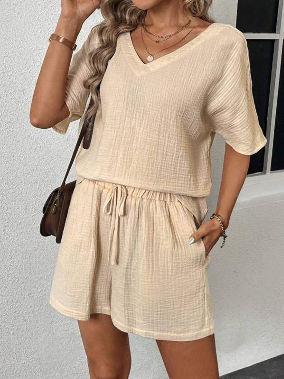 Cozy V-Neck Half Sleeve Top and Shorts Set