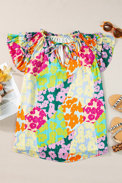 Bright Ruffled Printed - Tie Neck Cap Sleeve Blouse