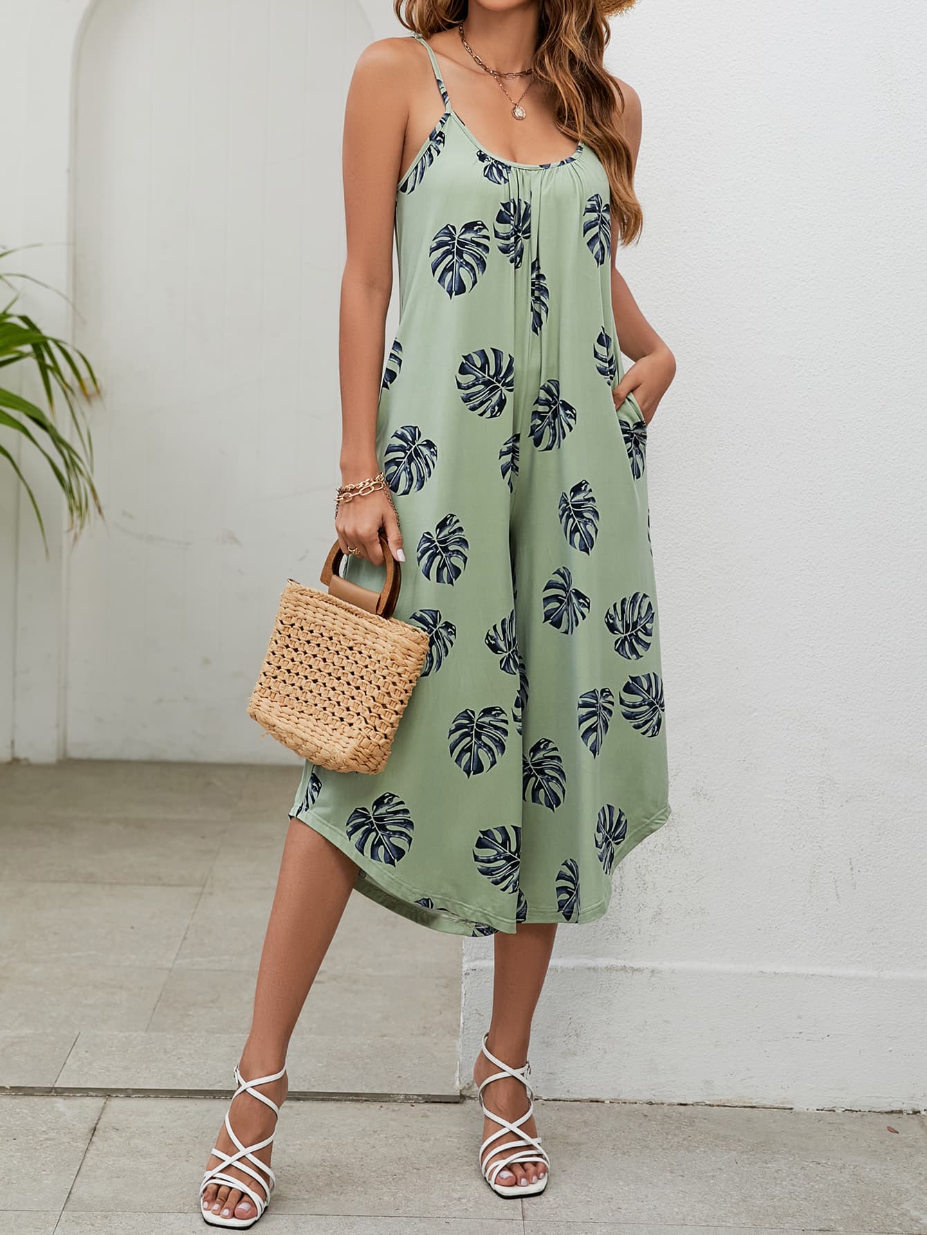 Botanical Print - Spaghetti Strap Scoop Neck Jumpsuit