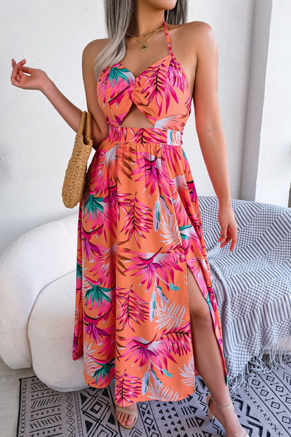 Botanical Bright -  Print Tied Backless Cutout Slit Dress