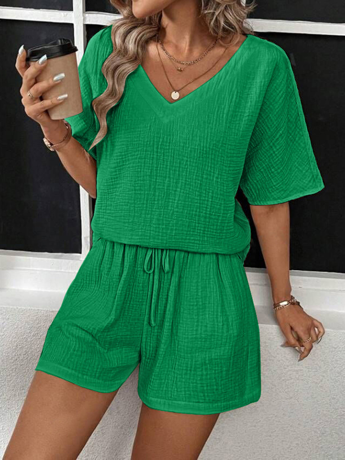 Cozy V-Neck Half Sleeve Top and Shorts Set