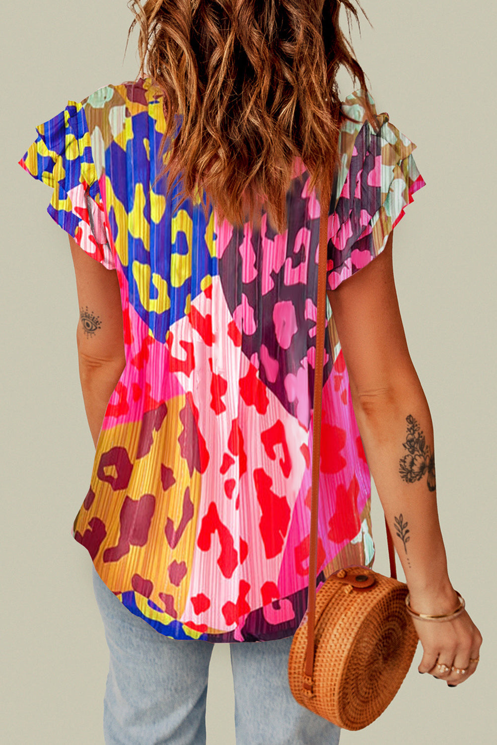 Bright Ruffled Printed - Tie Neck Cap Sleeve Blouse