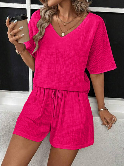 Cozy V-Neck Half Sleeve Top and Shorts Set