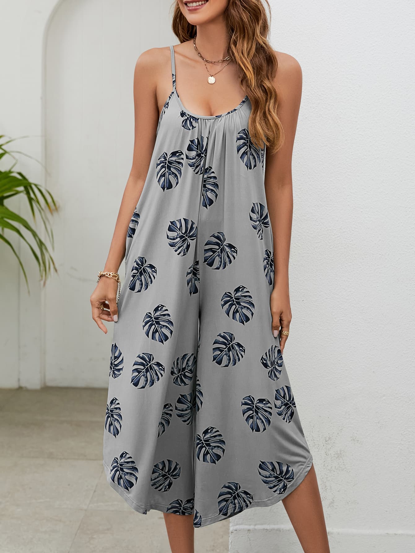 Botanical Print - Spaghetti Strap Scoop Neck Jumpsuit