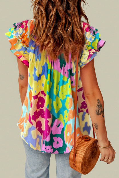 Bright Ruffled Printed - Tie Neck Cap Sleeve Blouse