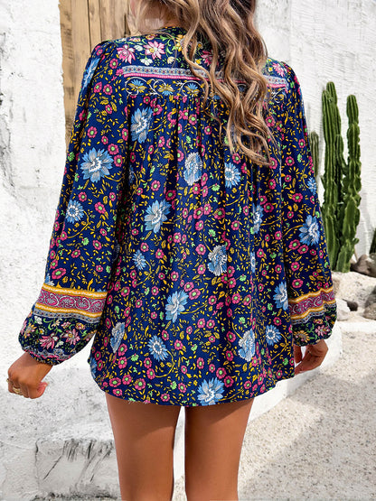 Coastal Boho Tie Neck Long Sleeve Blouse