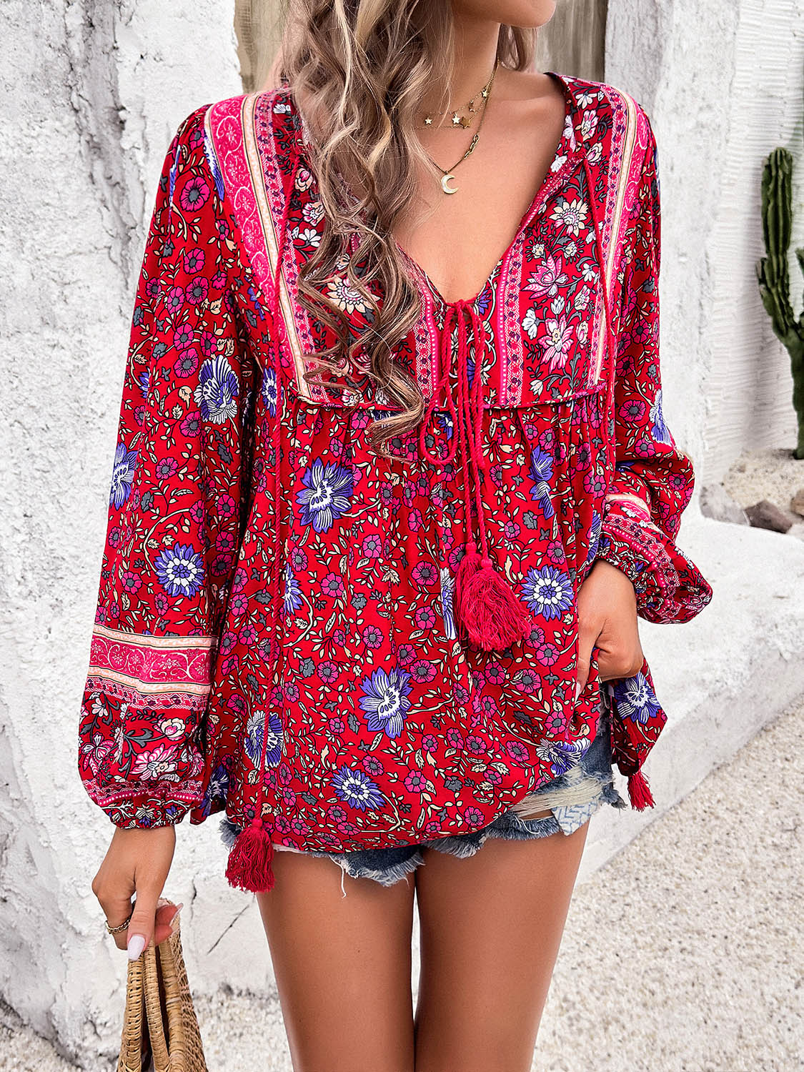 Coastal Boho Tie Neck Long Sleeve Blouse