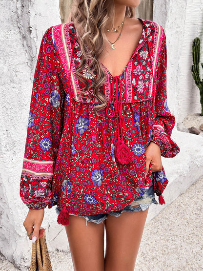 Coastal Boho Tie Neck Long Sleeve Blouse