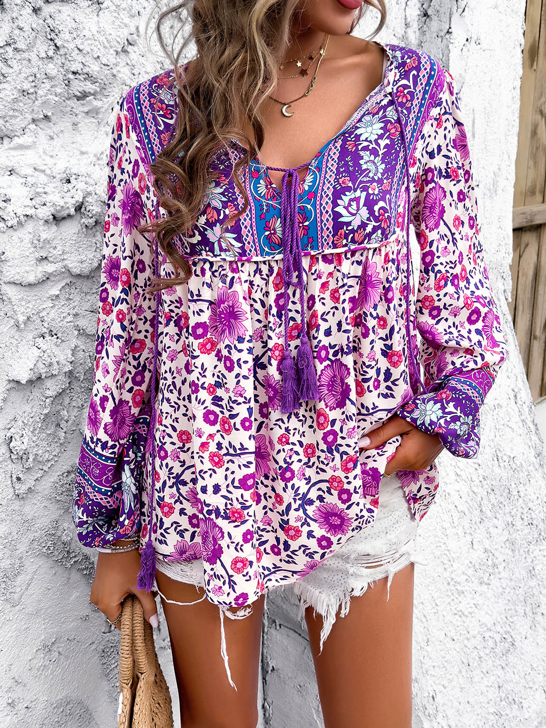 Coastal Boho Tie Neck Long Sleeve Blouse