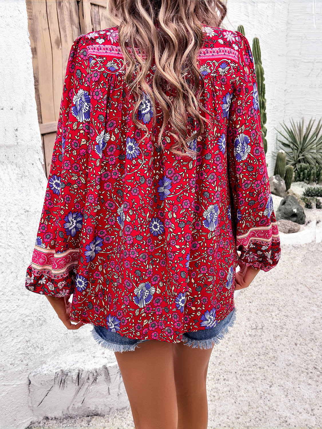 Coastal Boho Tie Neck Long Sleeve Blouse