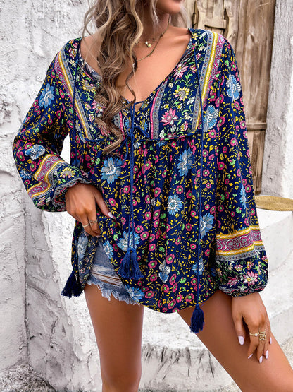 Coastal Boho Tie Neck Long Sleeve Blouse