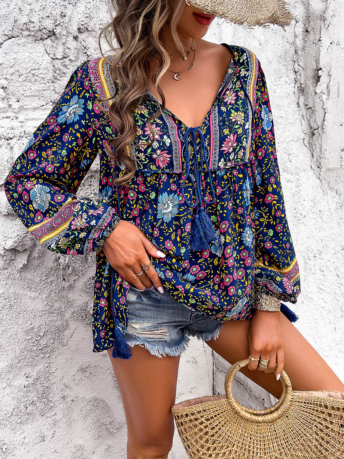 Coastal Boho Tie Neck Long Sleeve Blouse