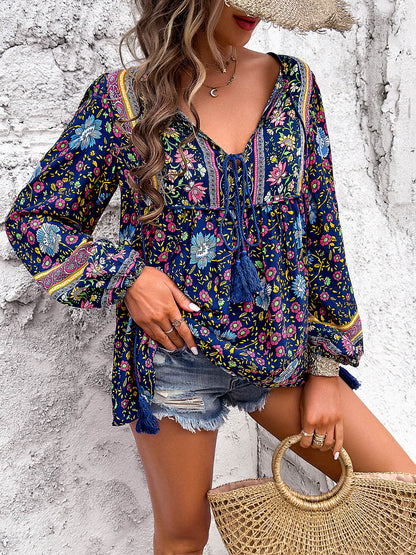 Coastal Boho Tie Neck Long Sleeve Blouse