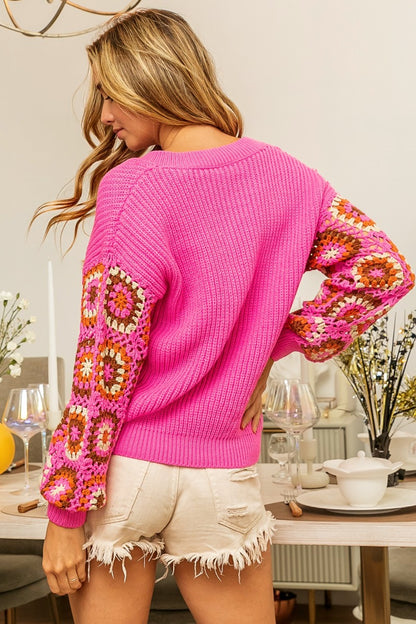 BiBi Pink -  Crochet Long Sleeve Sweater