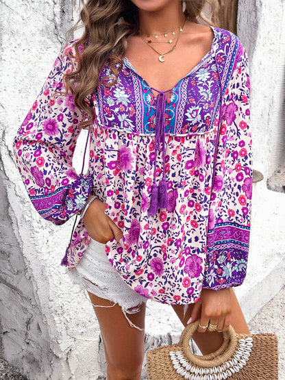 Coastal Boho Tie Neck Long Sleeve Blouse