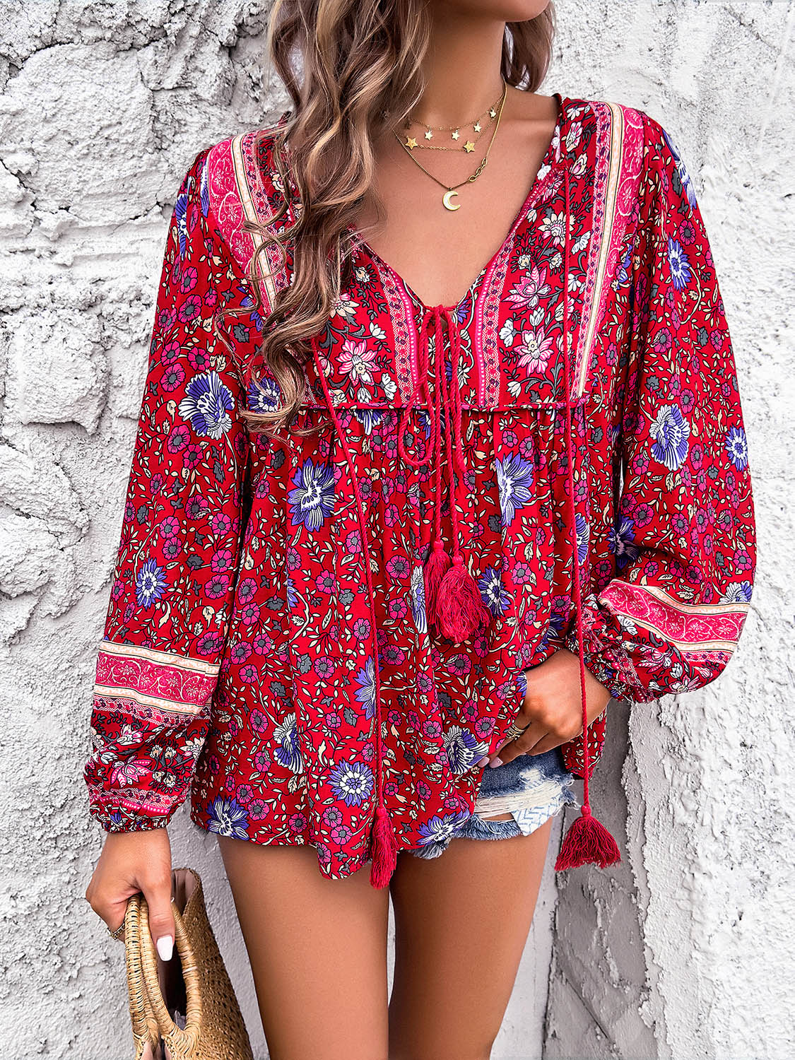 Coastal Boho Tie Neck Long Sleeve Blouse