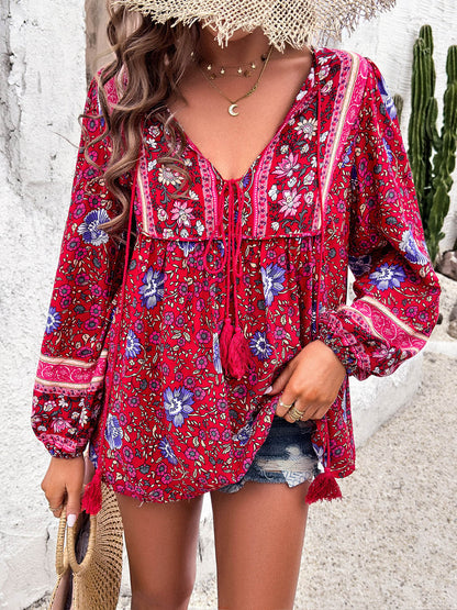 Coastal Boho Tie Neck Long Sleeve Blouse